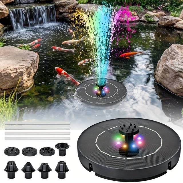 TEMU Solar Bird Bath Fountain Pump With Colored Led Lights, 7 Nozzles, Solar Panel Kit, Lithium Battery, Plastic Material, For Garden Decorations, Fish Tanks, , Pool