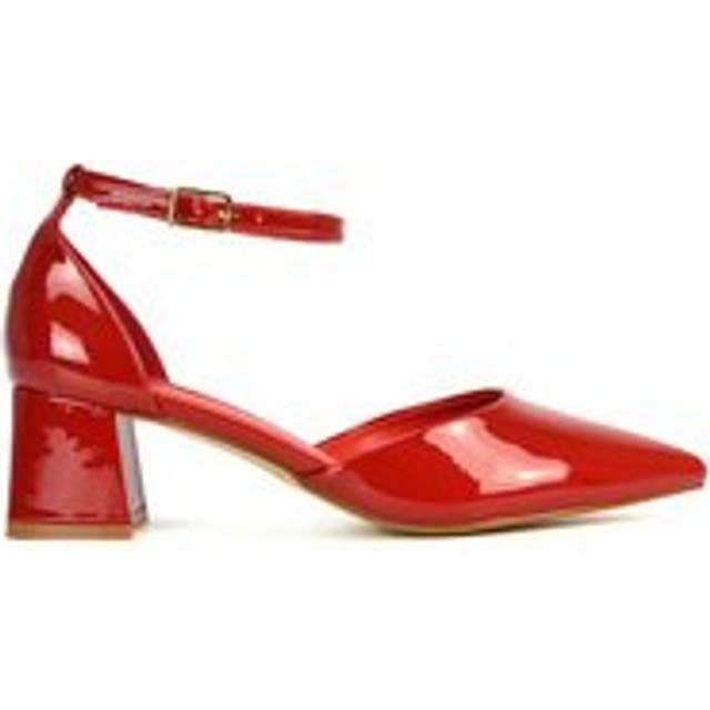 'Evie' Low Block Heel Pointed Toe Ankle Strap Court Shoes - Red - 8