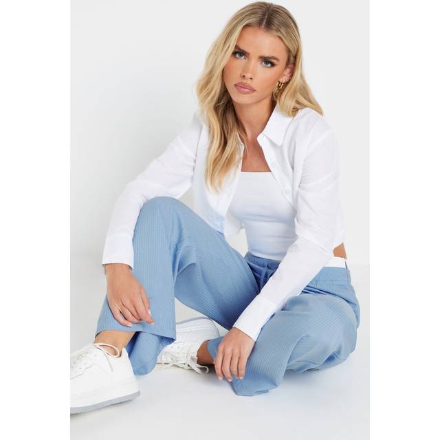 Pixiegirl Petite Light Blue Pinstripe Contrast Waist Trousers 16 Pixiegirl | Petite Women's Wide Leg Trousers