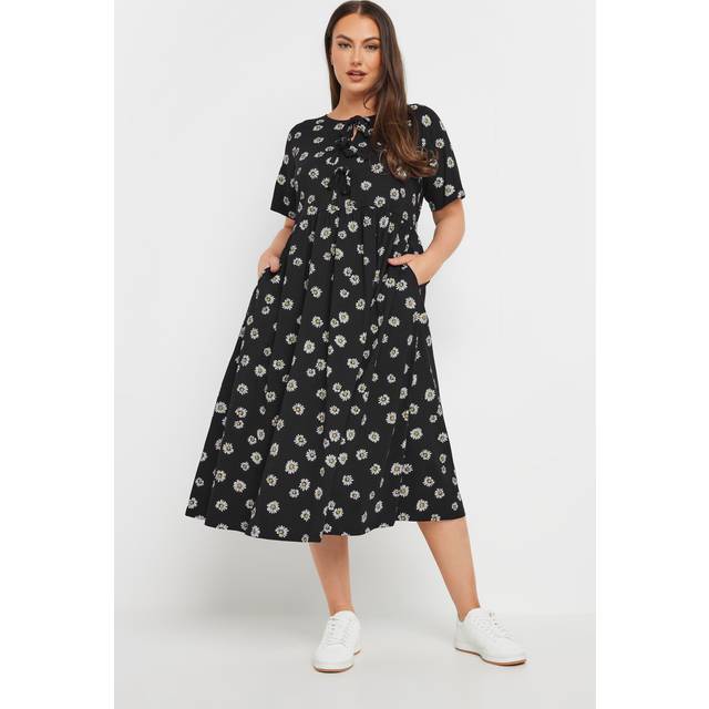 Yours Curve Black Daisy Print Bow Tie Front Dress, Women's Curve & Plus Size, Yours - 20