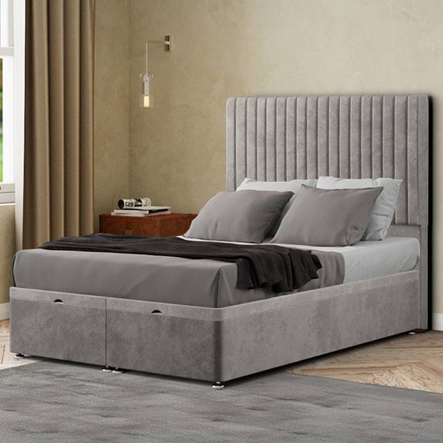 Eleganza Maryland Single Silver Plush Ottoman Bed with Floor Standing Headboard