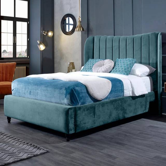 Eleganza Home Carli King Size Duck Egg Plush Velvet Bed Frame with Lined Headboard - Blue