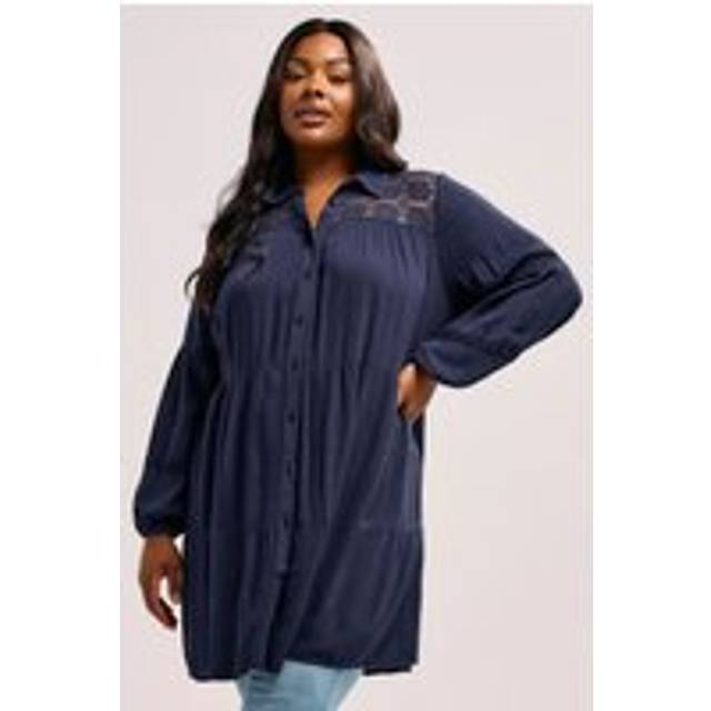Yours Curve Navy Blue Tiered Crochet Detail Shirt - 20