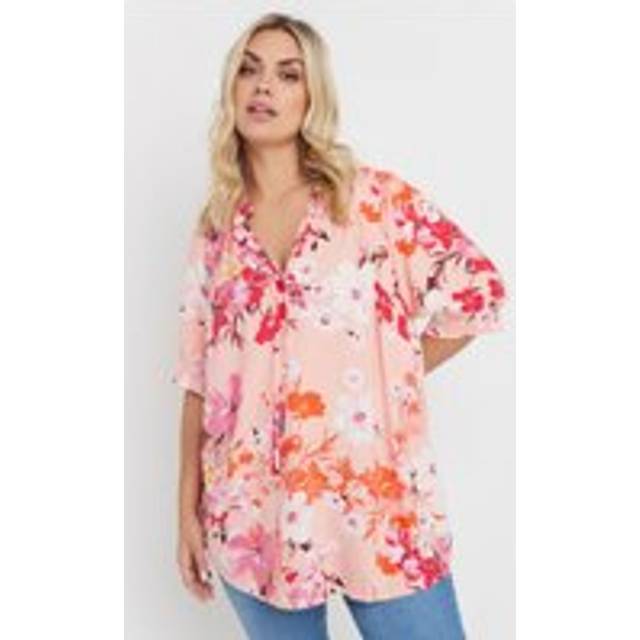 Yours Curve Coral Orange Floral Print Tie Neck Blouse, Women's Curve & Plus Size, Yours - 14