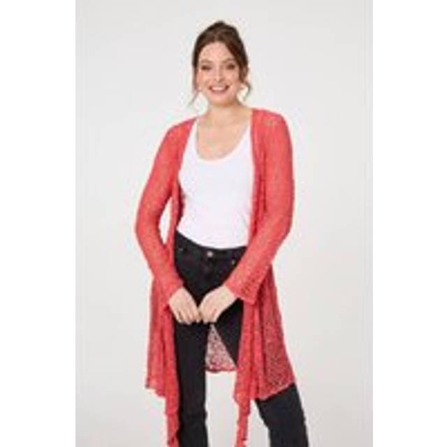 Izabel London Crochet Knit Longline Waterfall Cardigan - Coral - one size