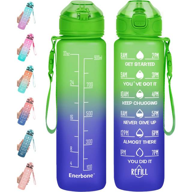Enerbone 32 oz Water Bottle with Times to Drink and Straw  Motivational Drinking Water Bottles with Carrying Strap  Leakproof BPA & Toxic Free  Ensure
