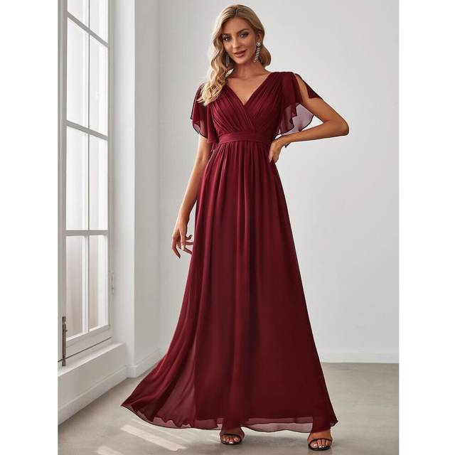 (burgundy, S) Ever-pretty Women's Deep V-neck A-line Floor-length Chiffon Evening Gown With Flutter Sleeve