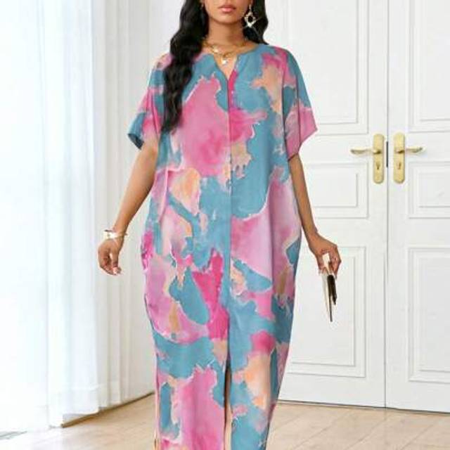 SHEIN Spring And Summer Casual Elegant Boho Black Woven V Neck Straight Tunic Dress Kaftan Dress Long Plus Size Dresses Easter Dress Women Spring Outfits Fo
