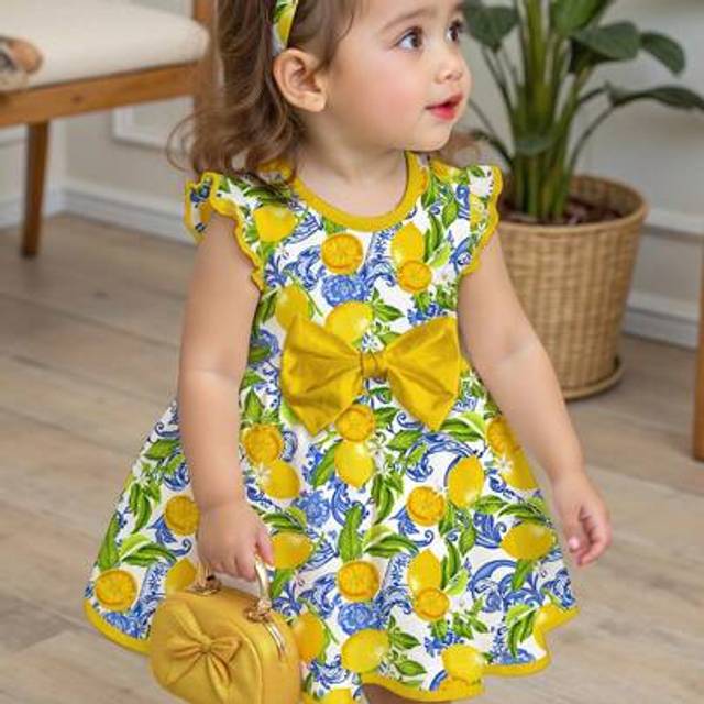 SHEIN Baby Girls Casual Lemon Print Sleeveless Mid-Length Dress, Suitable For Summer Family Outing, Vacations, Relaxed Comfort, Cherished Little Joy, Vanill