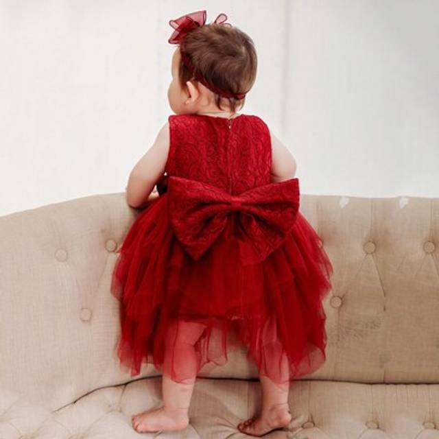SHEIN Baby Girls&#39; Burgundy Party Dress With Big Bowknot And Puffy Tulle