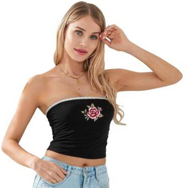 SHEIN Women&#39;s Slim Tube Tops Sleeveless Off Shoulder Strapless Flower Print Cropped Bandeau