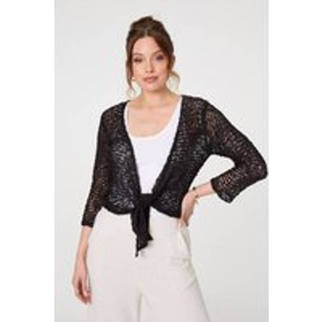 Izabel London Crochet Open Knit Waterfall Cardigan - Black - one size