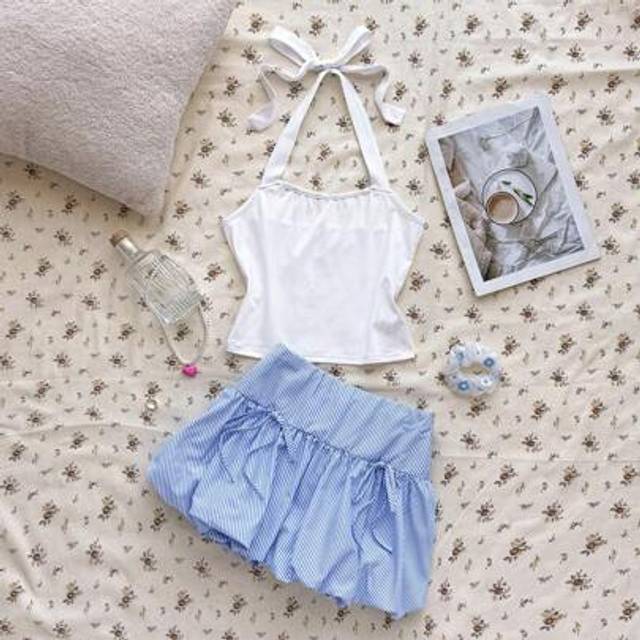SHEIN Teen Girls Spring & Summer &#34;Clean Girl&#34; Style White Knitted Spaghetti Strap Tank Top + Striped Short Flare Skirt 2-Piece Outfit Clothes Set