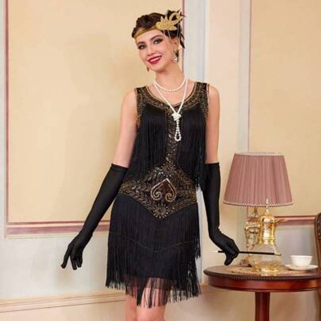 SHEIN 1920s Sleeveless Flapper Dresses Scoop Neck Great Gatsby Dresses Fringed Sequin Roaring 20s Dress Cocktail Dress