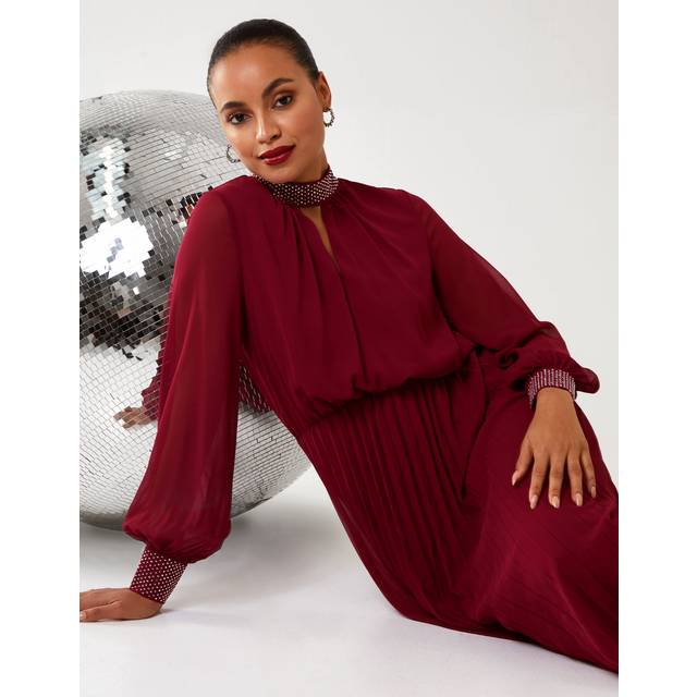 Womens Diamante Collar Pleated Skirt Midi Dress - Red - 8