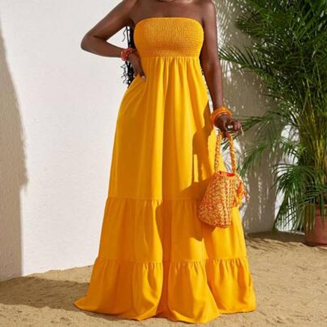 Slaydiva Women&#39;s Solid Color Strapless Simple Casual Ruched Decorative Cold Shoulder Resort Long Dress