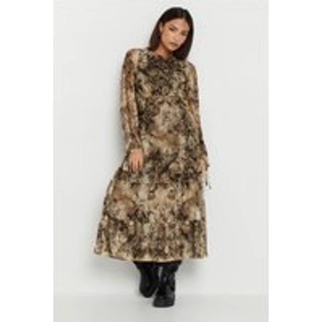 Pixiegirl Petite Beige Brown Snake Print Mesh Tiered Dress 18 Pixiegirl | Petite Women's Midi Dresses