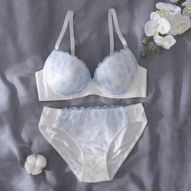 SHEIN 2pcs Set Fresh & Cute Daily Wear 3/4 Cup Underwired Floral Embroidery Bow Decoration Lingerie Bra And Panties Set, Blue & White, Suitable For Back To