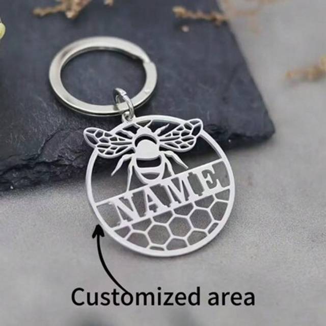 SHEIN 1pc Custom Honeycomb Bee Keychain - Personalized Stainless Steel Name Ring, Perfect Valentine&#39;s Day Gift For Him Or Her