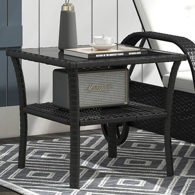 Outsunny PE Rattan Coffee Table, Two-tier Side Table with Glass Top, Black, Black