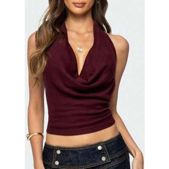 SHEIN Womens Halter Draped Front V Neck Ruched Drawstring Backless Crop Top Vest Tank Tops For Party/Club/Holiday/Streetwear
