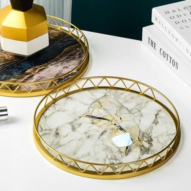 SHEIN Small Round Marble Pattern Golden Metal Tray, Home Decor Storage Organizer Accessory Best Gifts Birthday Plates Kitchen Accessories Kitchen Decor Tabl
