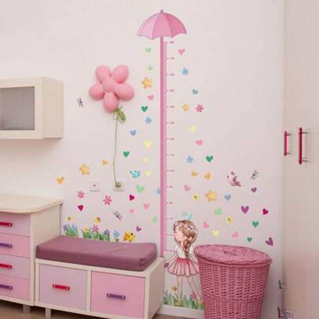 SHEIN 2pcs/Set Creative Pink Girl With Umbrella Height Chart Self-Adhesive Wall Sticker For Living Room, Bedroom Background Wall Decoration, Stickers, Wall