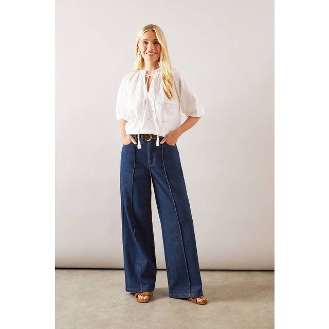 Womens Petite Broderie Tie Neck Blouse - White - 8