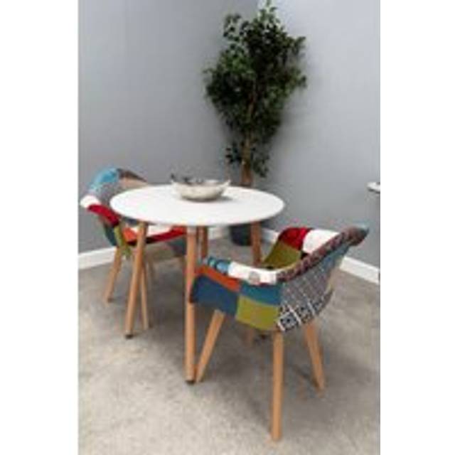 Life Interiors Patchwork Halo Dining Set for 2 - a Round Dining Table & Set of 2 Fabric Dining Chairs with Armrests in White