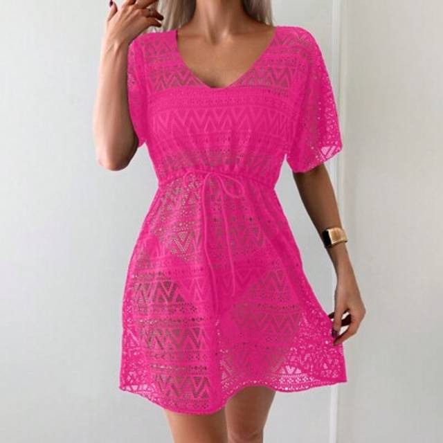 Swim Vcay Women Solid Hollow Out Drawstring Waist Cover Up Dress Summer