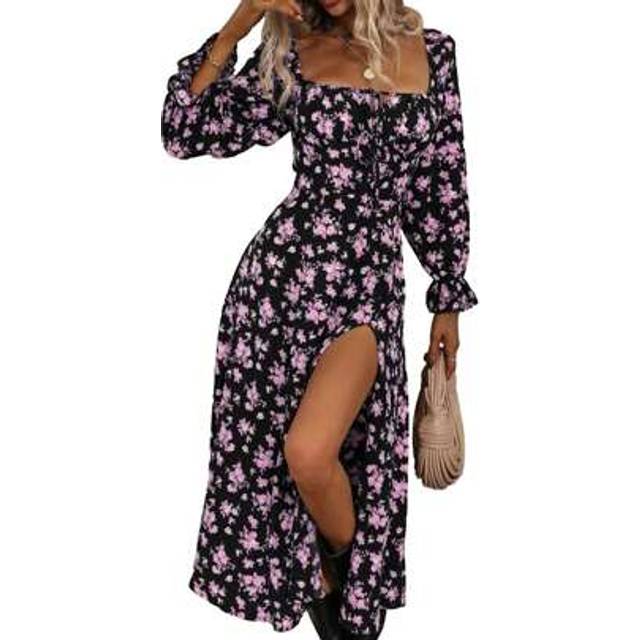 SHEIN Women Long Dress Puff Sleeve Maxi Dress Floral Print Square Neck Tie Front Ruffle Hem Split A-Line Flowy Swing Beach Dresses