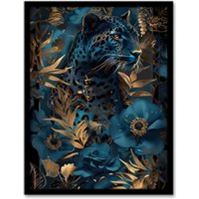 Elegant Cheetah With Blue Gold Jungle Flowers Framed Art Print - W12 inch x H16 inch