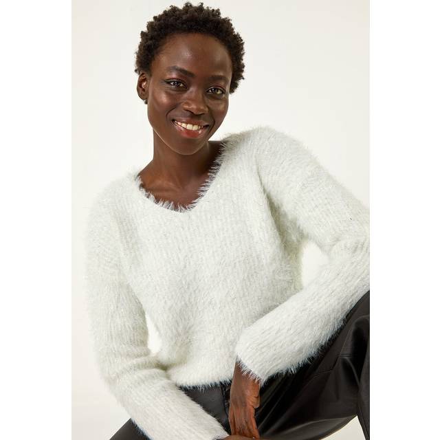 V-Neck Fluffy Knit Jumper - White - one size