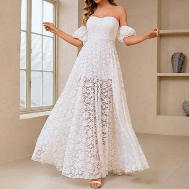 SHEIN Women&#39;s Off-The-Shoulder Lace Puff Sleeves Elegant Wedding Dress, Party Evening Dress White Formal Prom Dress Suitable For Graduation Ceremony, Dinner