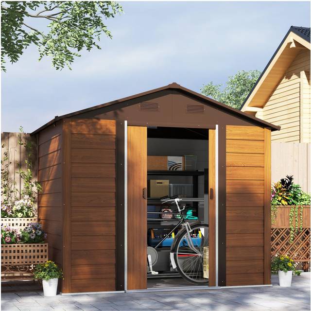 Outsunny 7.7x6.4ft Garden Shed, Tool Storage Sliding Door Wood Effect, Brown