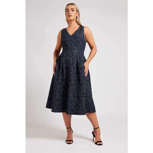 Yours London Curve Navy Blue Floral Jacquard Prom Skater Dress, Women's Curve & Plus Size, Yours London - 22