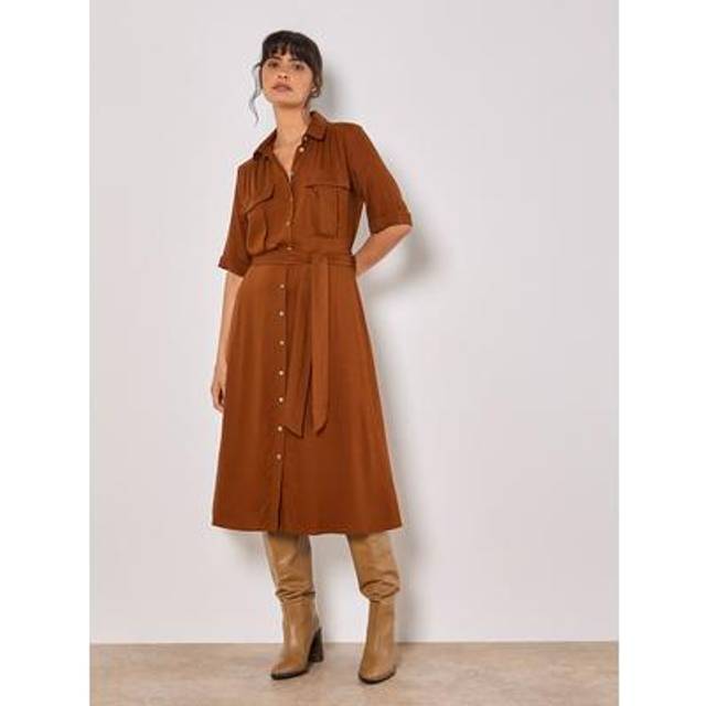 Womens Linen Blend Utility Shirt Midi Dress - Brown - 14