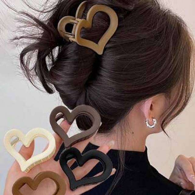 SHEIN 4pcs/1pc Women&#39;s Medium Black, White, Brown, Khaki 2.56 In Heart-Shaped Plastic Hair Clips, Fashion, Elegant, Simple, Solid Color, Suitable For Daily,