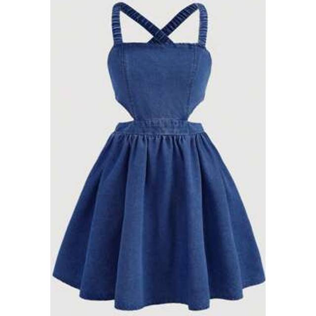 SHEIN Tween Girl Cool And Cross Back Woven Solid Color Sleeveless Backless Bowknot Tie Denim Dress, Spring/Summer,Girls Summer Beach Boho Rave Concert Outfi