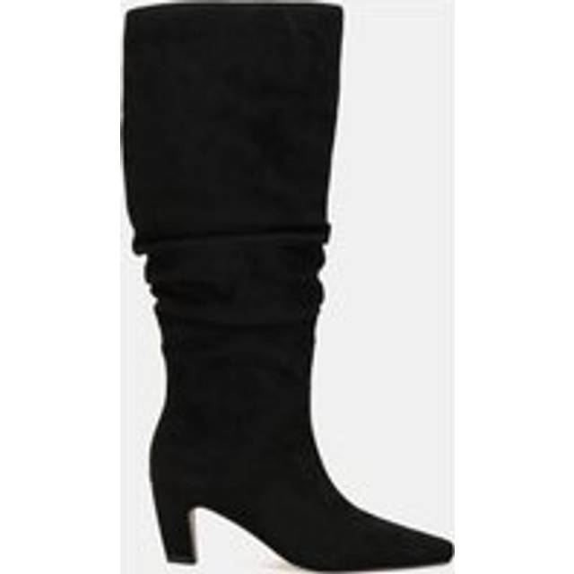 'Grace' Mid Heel Point Ruched Knee Boot - Black - 4