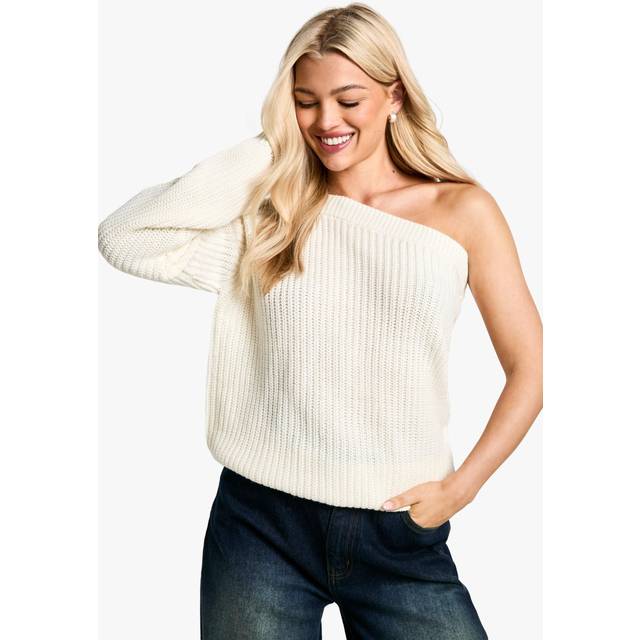 Womens Knitted One Shoulder Jumper - White - S, White