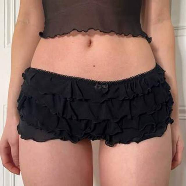 SHEIN Y2k Multi-Layers Ruffle Sheer Shorts Edge Waistband Bow Low Waist Micro Pants Fairy Coquette 00s Cute Mini Shorts Rave Party