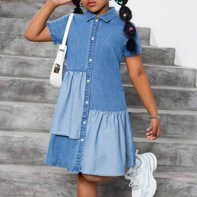 SHEIN Tween Girls Casual Stylish Dark And Light Blue Patchwork Short Sleeve Denim A-Line Shirt Dress ,For Girls Daily Spring/Summer Clothes Outfits Spring B