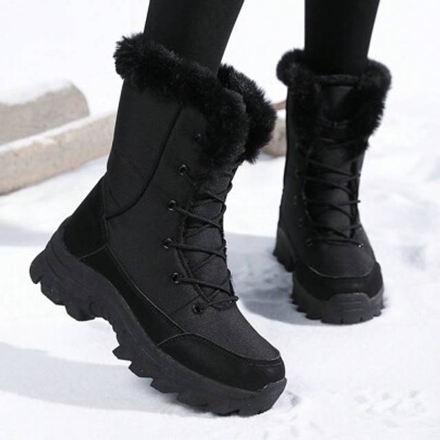 SHEIN 2025Women&#39;s Thickened Warm High Contrast Furry Trim Winter Snow Boots, Waterproof Upper Non-Slip Sole Fashion Versatile Shoes