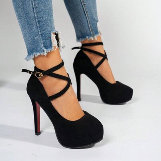 SHEIN Women&#39;s High Heels Platform Pointed Toe Suede Criss Cross Strappy Black High Heel Shoes Buckle Dress Pumps For Party & Banquet