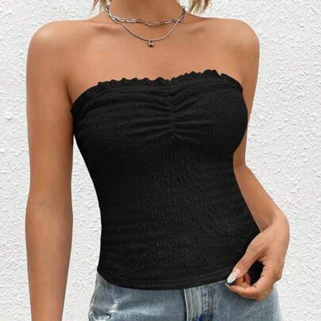 SHEIN Ruched Bust Frill Trim Tube Top