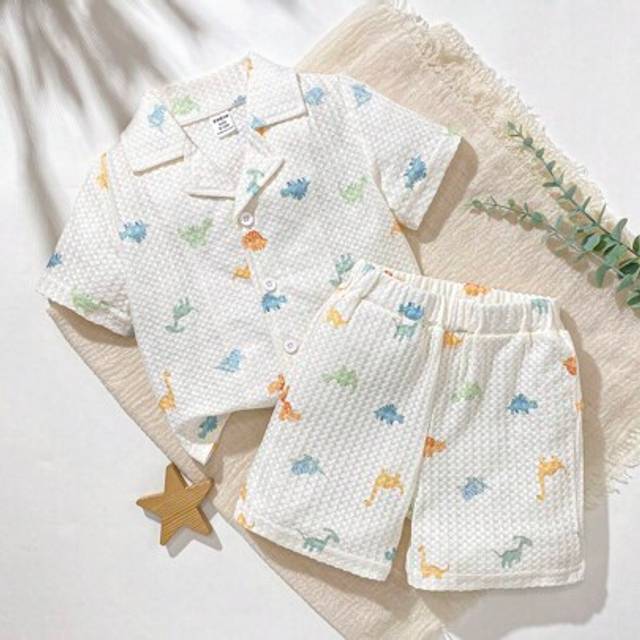 SHEIN 2pcs Baby Boy Newborn Infant Toddler Casual Dinosaur Print Waffle Polo Collar Shacket + Shorts Summer Outfit, Can Be Worn Separately Or As A Suit