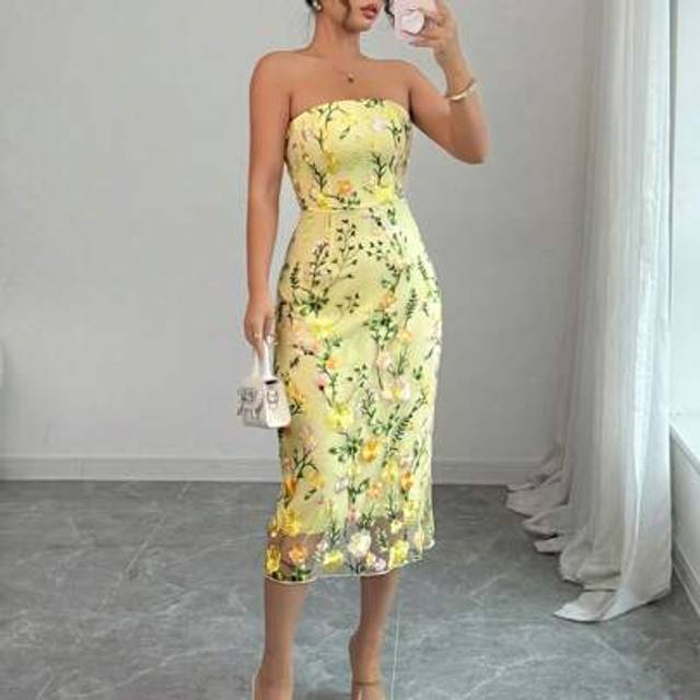 Calvaya Women&#39;s Elegant Embroidered Yellow Bandeau Midi Dress, Summer