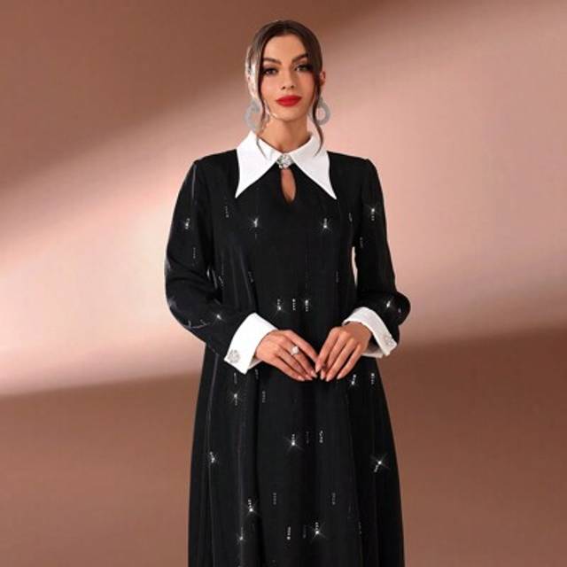 SHEIN Contrast Collar Long Sleeve Tunic Arabian Modest Dress