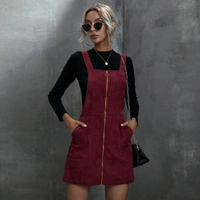 SHEIN Corduroy O-Ring Zipper Mini Pinafore Dress